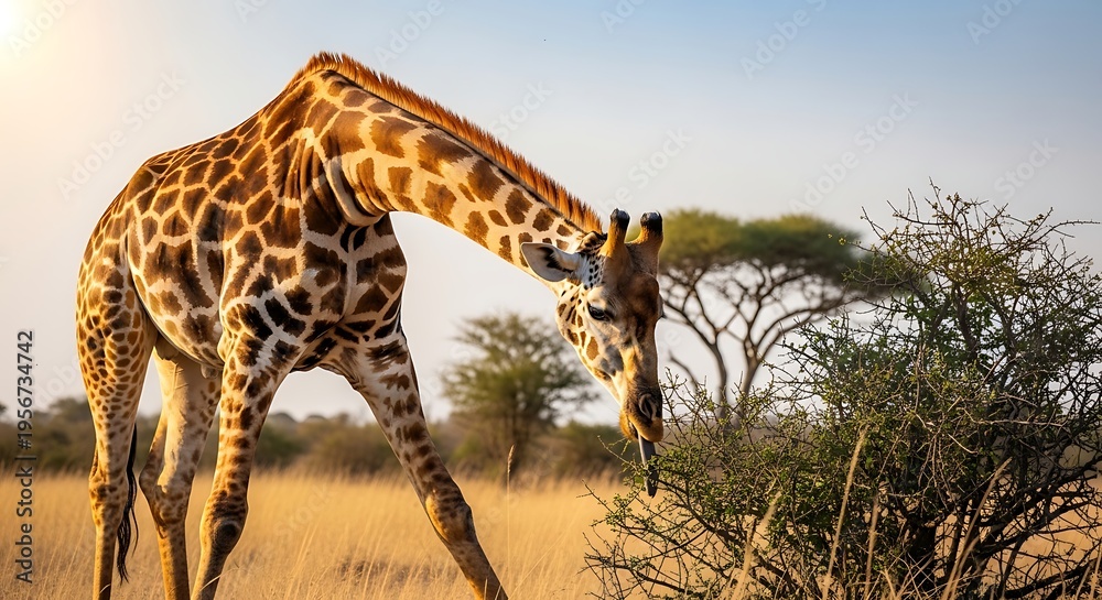 Fototapeta premium Giraffe eating leaves from tree in savannah grassland with clear blue sky