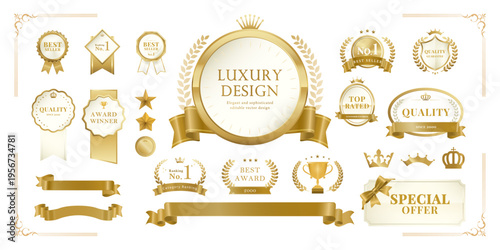 Champagne Gold Award Badge & Label Set – Ribbon, Laurel Wreath, Crown, Trophy Icons | Premium Luxury Vector