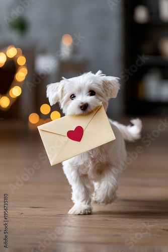 Cute white puppy carrying a love letter with a red heart walking in a cozy indoor setting