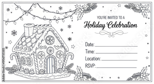 Gingerbread House Holiday Celebration Invitation Template - Black and White Outline Drawing