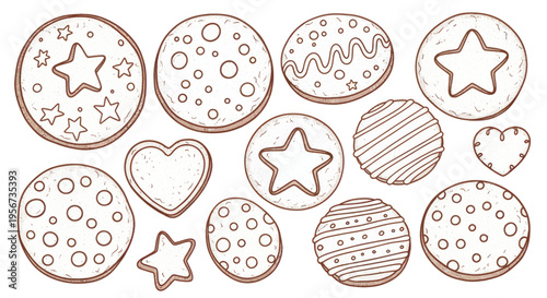 Hand-drawn cookies assortment, festive and sweet treats, isolated on white background