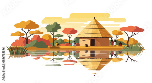 African Village Hut Reflection in Water with Autumn Trees and People