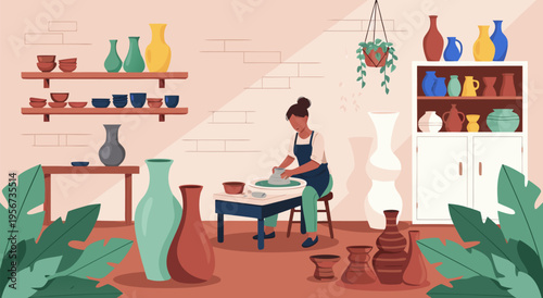 Creative pottery vector illustration of an artist crafting ceramics in a bright studio, surrounded by finished vases and plants