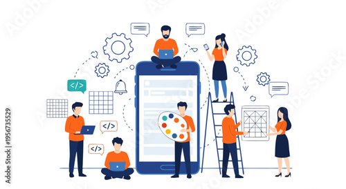 Agile software development teamwork and mobile app creation vector illustration for digital business solutions