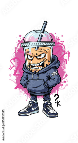 Angry juice box character in hoodie.
