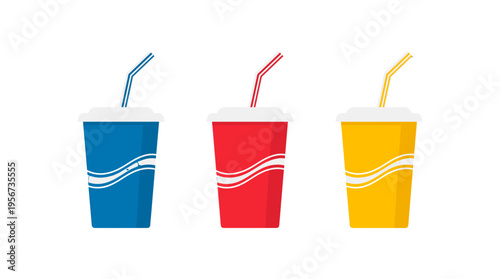 Colorful Drink Cups with Straws, arranged in a row. The drinks are in blue, red, and yellow cups with a design, ready for refreshment