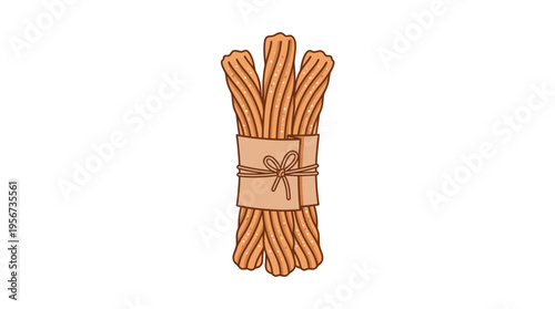 A delicious bundle of churros tied with a ribbon. The warm color and texture make your mouth water