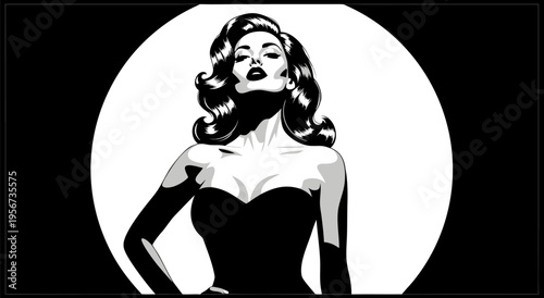 Retro Glamour Pin-Up Woman Vector Illustration in Black and White Style