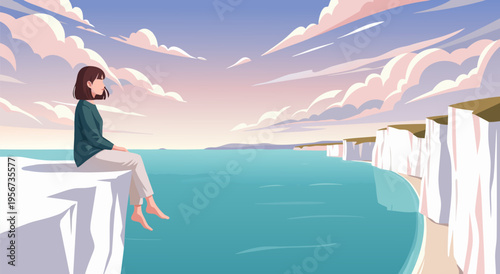 Vector illustration of a young woman sitting on a cliff overlooking the sea during a peaceful sunset, serene coastal landscape art