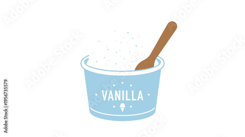A light blue container of vanilla ice cream with a wooden spoon