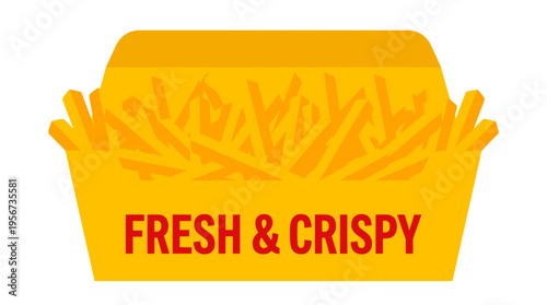Golden french fries in a yellow box, with the text fresh & crispy written across the front