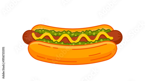 Delicious hot dog on a bun with mustard and relish