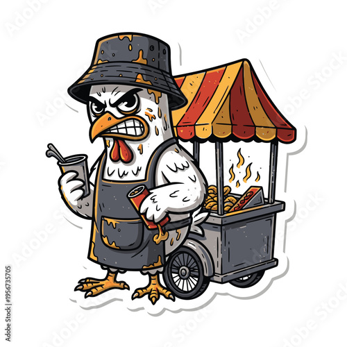 Angry Chicken Wearing Apron Hat.