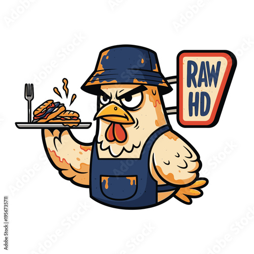 Cartoon angry chicken wearing apron.