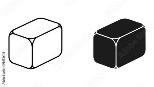 Vector Icons: Outline and Solid Cube Shapes with Rounded Corners, Isolated on White Background