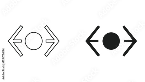 Two abstract icons: A circle between opposing arrows, one outlined, one solid black