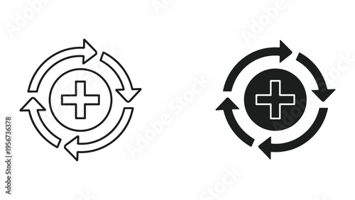 Medical Recycling Symbol with Plus Sign Icon in Circle Arrows, Line and Solid Icons