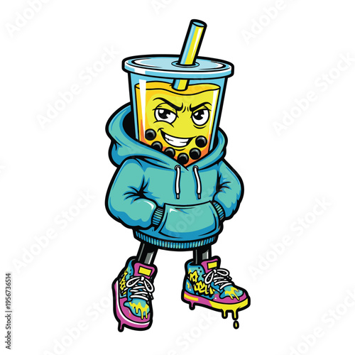 Cartoon Boba Tea Character Wearing Hoodie.