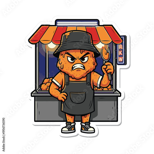 Angry cartoon bear food vendor worker.