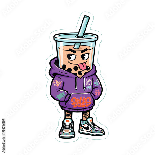 Cartoon boba tea character in hoodie 2.