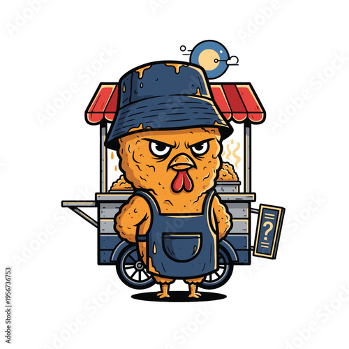 Cartoon Chicken Wearing Blue Apron.