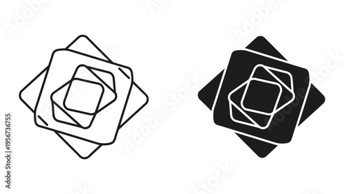 Set of two icons with layered squares, one outlined and one filled black, on a white background.