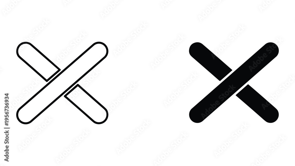 Fototapeta premium Two X Marks: Outline and Solid Icon Comparison, Simple Cross Shapes on White Background
