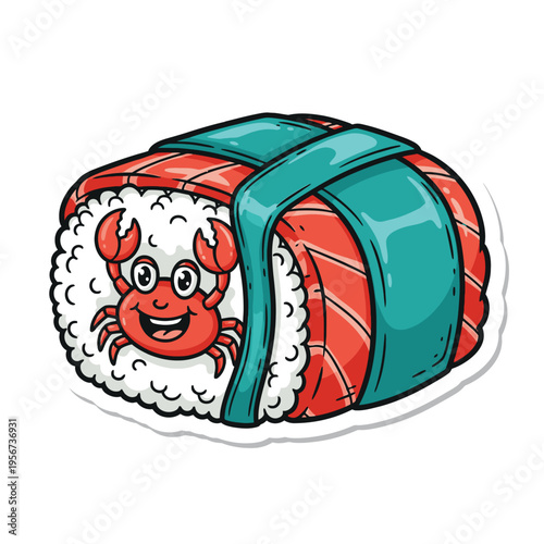 Crab sushi cartoon food illustration.