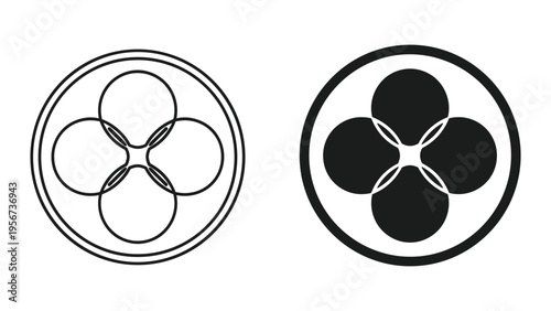 Two Circles with Four Intersecting Petal Shapes: Line Art and Solid Black Icons