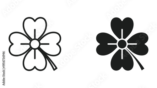 Set of two four leaf clover icons, outline and solid fill, isolated on white background