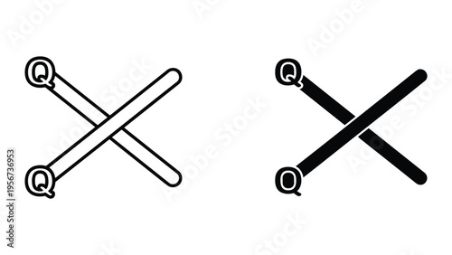 Two stylized 'X' shapes, one outlined and one solid, with 'Q' symbols on the ends