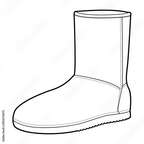 Mid shaft winter boot women single line. Fleece lined flat boot for snowy walk cozy travel and everyday errands. Technical fashion illustration CAD mockup clean vector man unisex isolated modern style