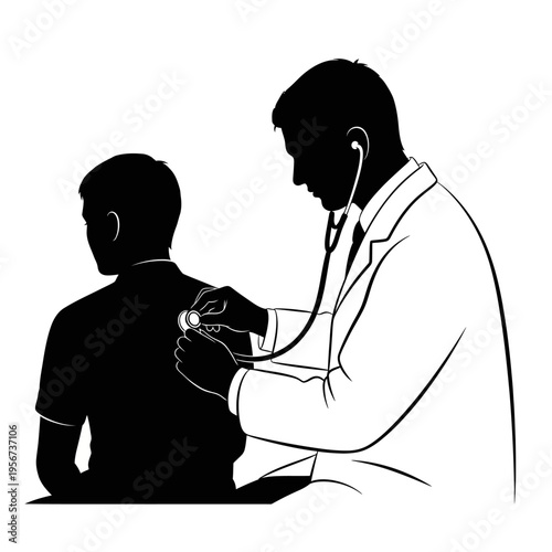 A doctor examines a patient with a stethoscope in a medical checkup setting.