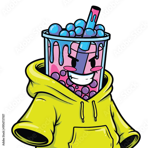 Boba tea in yellow hoodie pocket.