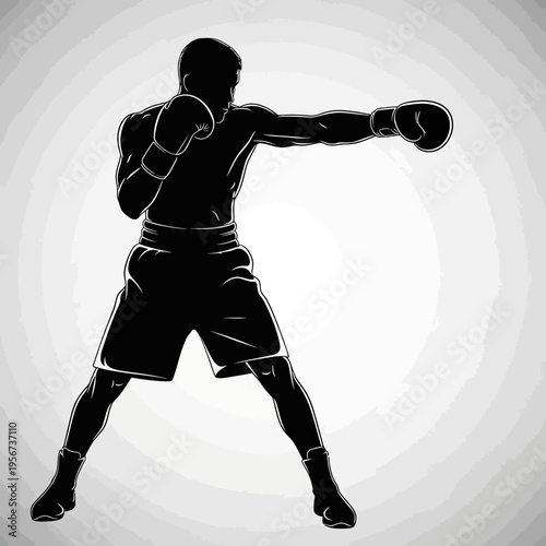 A black silhouette of a man throwing a punch in a fighting stance with gloves on.