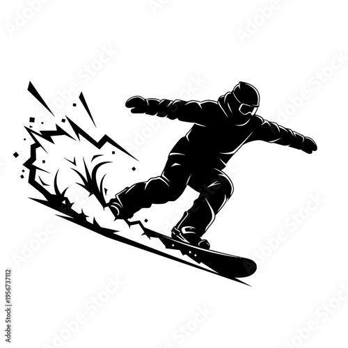 Snowboarder performs aerial stunt on snowy slope with motion blur and dynamic lines.