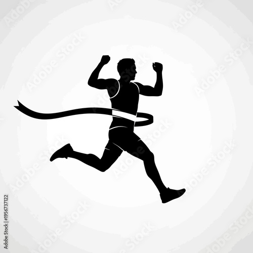 Man crosses finish line in triumphant running motion with raised fists