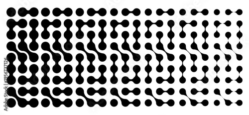 Connected liquid or nano dots pattern with vanishing effect. Disappearing organic amorphous shapes texture. Linked metaballs, molecules or cells transition background. Vector graphic illustration.