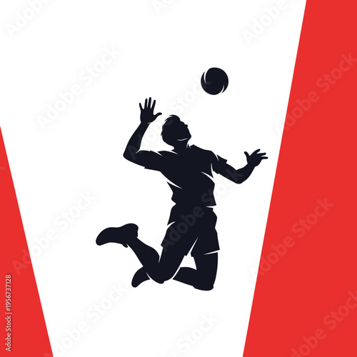 Man jumping to hit volleyball with hands in air on court with red lines