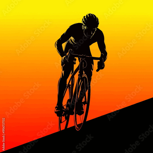 Cyclist rides bicycle uphill on a colorful sunset background illustration.