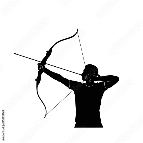 Archer aims bow and arrow in focused stance for precise shot release outdoors.