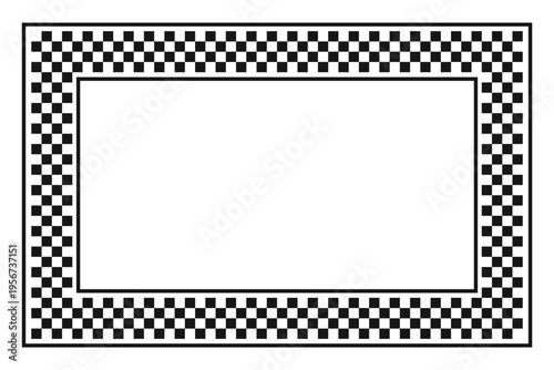Rectangle photo frame with checkered black and white print. Rectangular vignette with taxi or police car, rally flag or chessboard texture isolated on white background. Vector graphic illistration