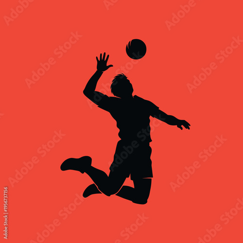 Man in black silhouette jumping to hit a ball with his hand in mid-air on red