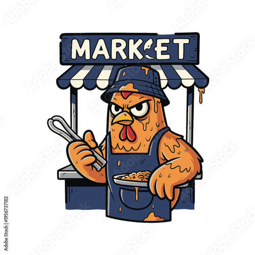 Angry Chicken Wearing Blue Apron.