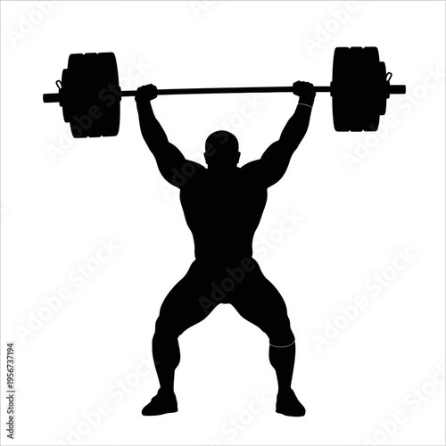 A muscular man lifts a heavy barbell overhead in a powerful stance.
