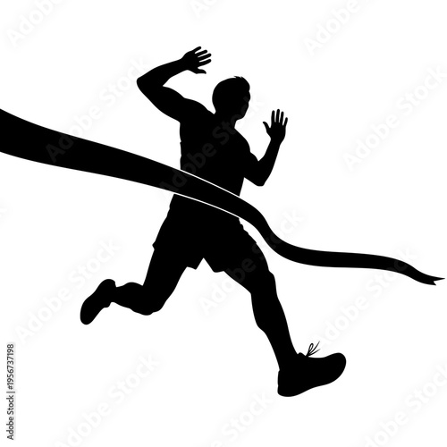 Man runs across finish line with ribbon cut in a sports event illustration