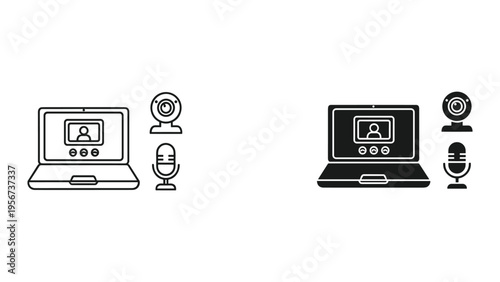 Laptop with webcam and microphone icons for video conferencing and online communication