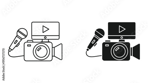 Video Camera and Microphone Icon Set - Vector Illustration of Recording Equipment for Content Creation