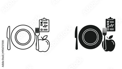 Healthy Eating Plan Icon: Plate, Fork, Knife, Apple, and Health Checklist with Heartbeat
