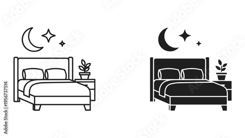 Bedroom scene with bed, nightstand, plant, moon, and stars - line art and silhouette icons
